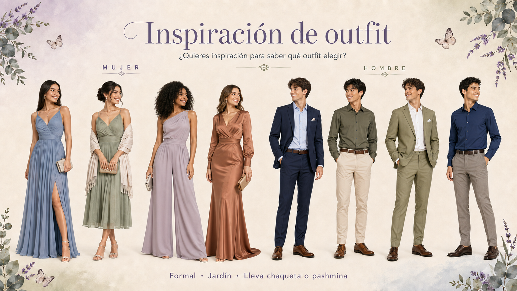 Inspiración de atuendos cocktail formal para mujeres y hombres en tonos otoñales suaves